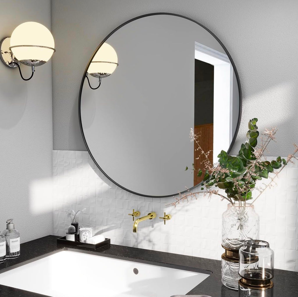 Black Round 24 Inch Wall Mirror - Modern Circle Mirror for Bathroom, Bedroom, Living Room