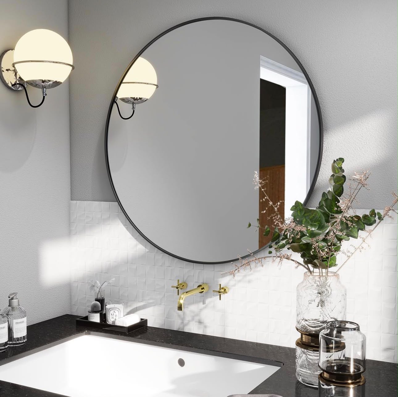 Black Round 24 Inch Wall Mirror - Modern Circle Mirror for Bathroom, Bedroom, Living Room