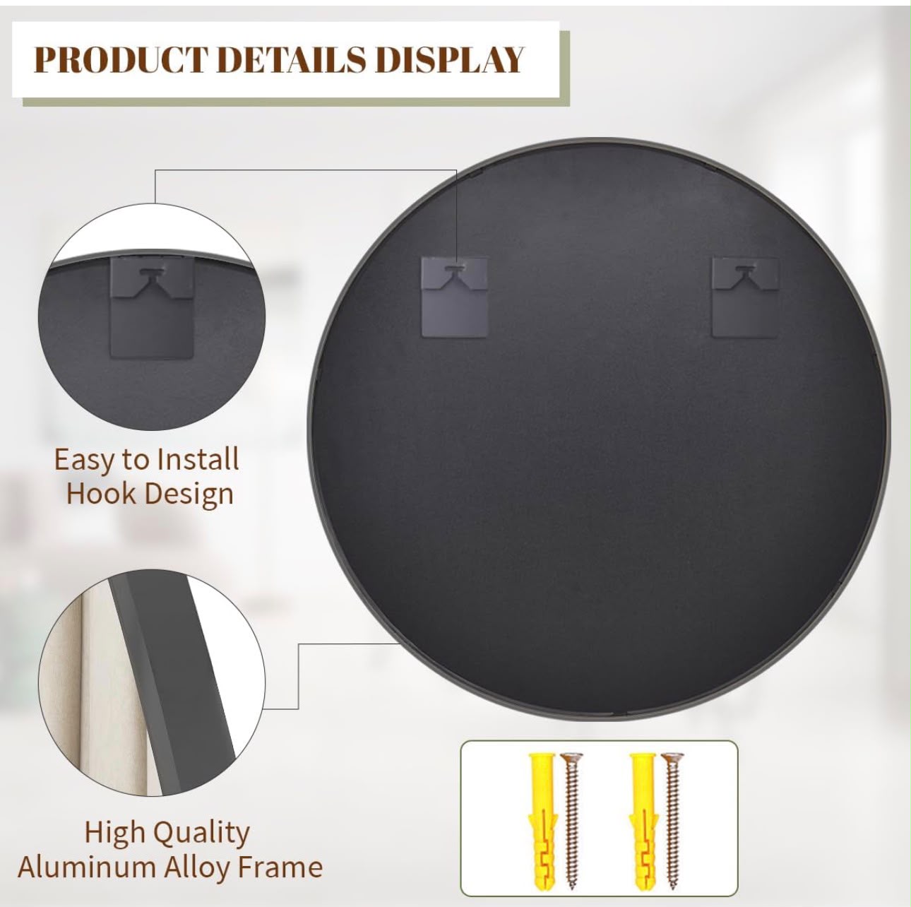 Black Round 24 Inch Wall Mirror - Modern Circle Mirror for Bathroom, Bedroom, Living Room