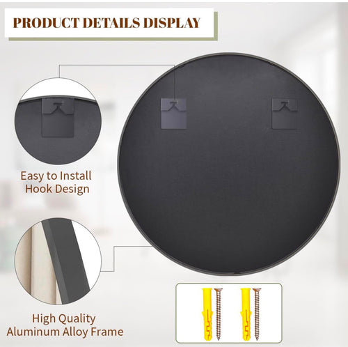 Black Round 24 Inch Wall Mirror - Modern Circle Mirror for Bathroom, Bedroom, Living Room