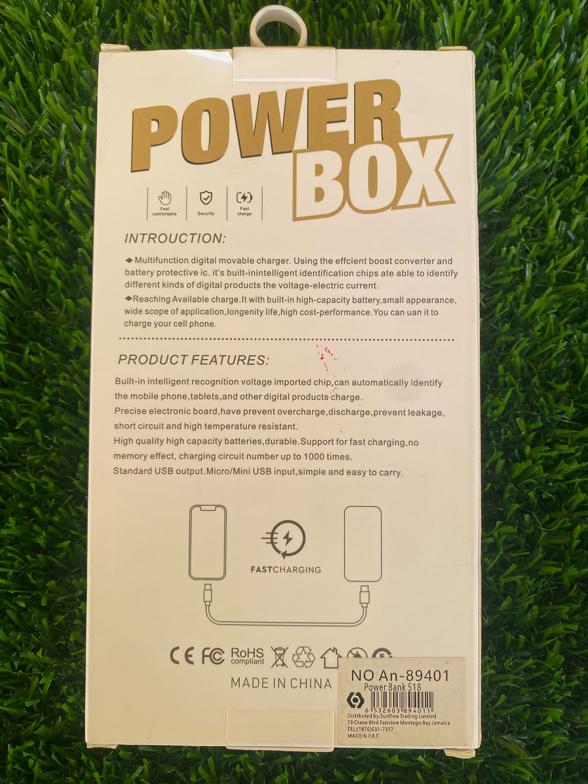 Power Box Portable Power Bank (Model An-89401) with 3 Built-in Cables and Flashlight