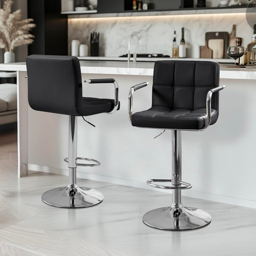 Adjustable Swivel Bar Stool with Backrest and Armrests (Black PU Leather)