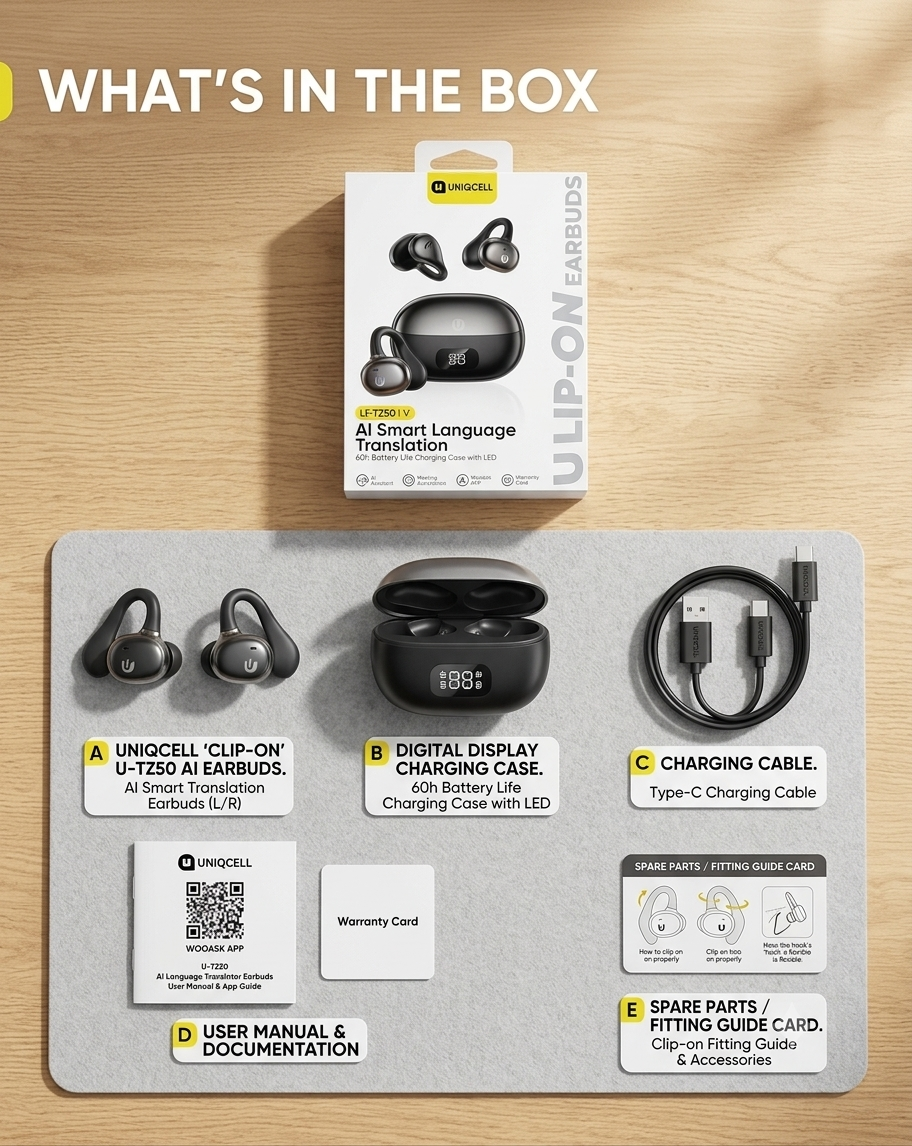 Uniqcell U-TZ50 AI Smart Wireless Translation Clip-on Earbuds