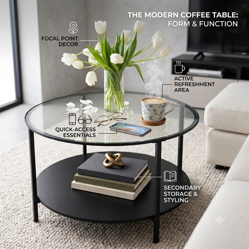 2 Tier Round Modern Coffee Table - Modern Side Table for Living Room, Bedroom, Home Office