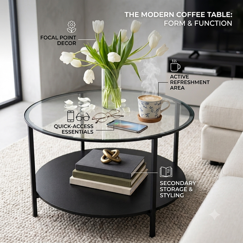 2 Tier Round Modern Coffee Table - Modern Side Table for Living Room, Bedroom, Home Office