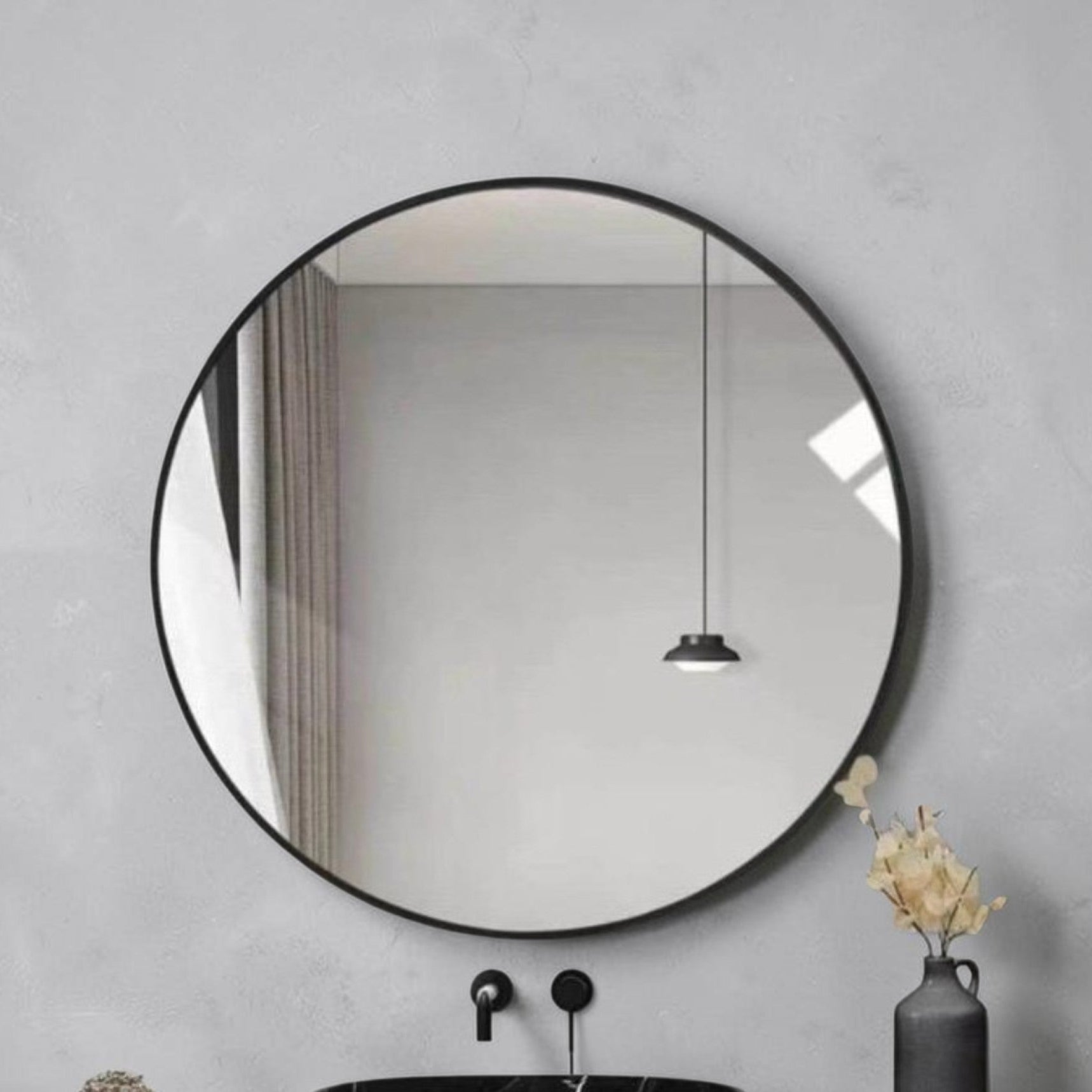 Black Round 24 Inch Wall Mirror - Modern Circle Mirror for Bathroom, Bedroom, Living Room