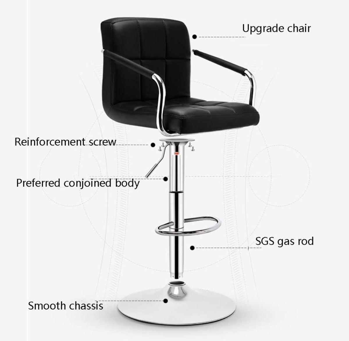 Adjustable Swivel Bar Stool with Backrest and Armrests (Black PU Leather)